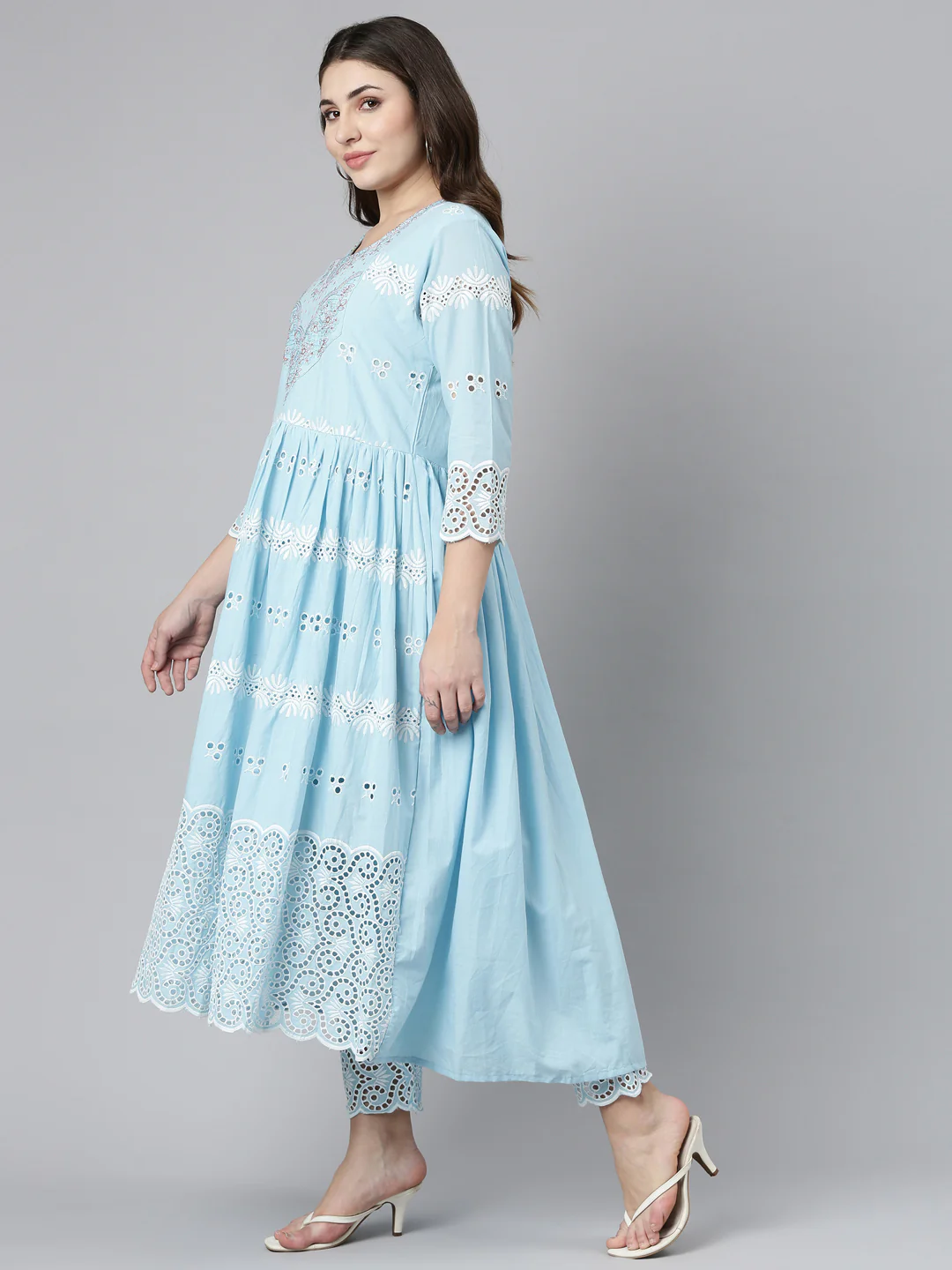 Neerus Blue Pleated Straight Embroidered Readymade Suits - Image 2