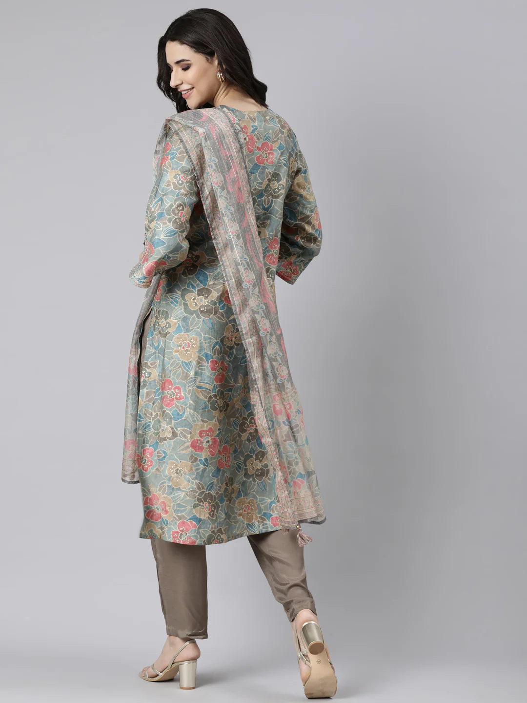Neerus Blue Pleated Straight Floral Kurta And Trousers With Dupatta - Image 3
