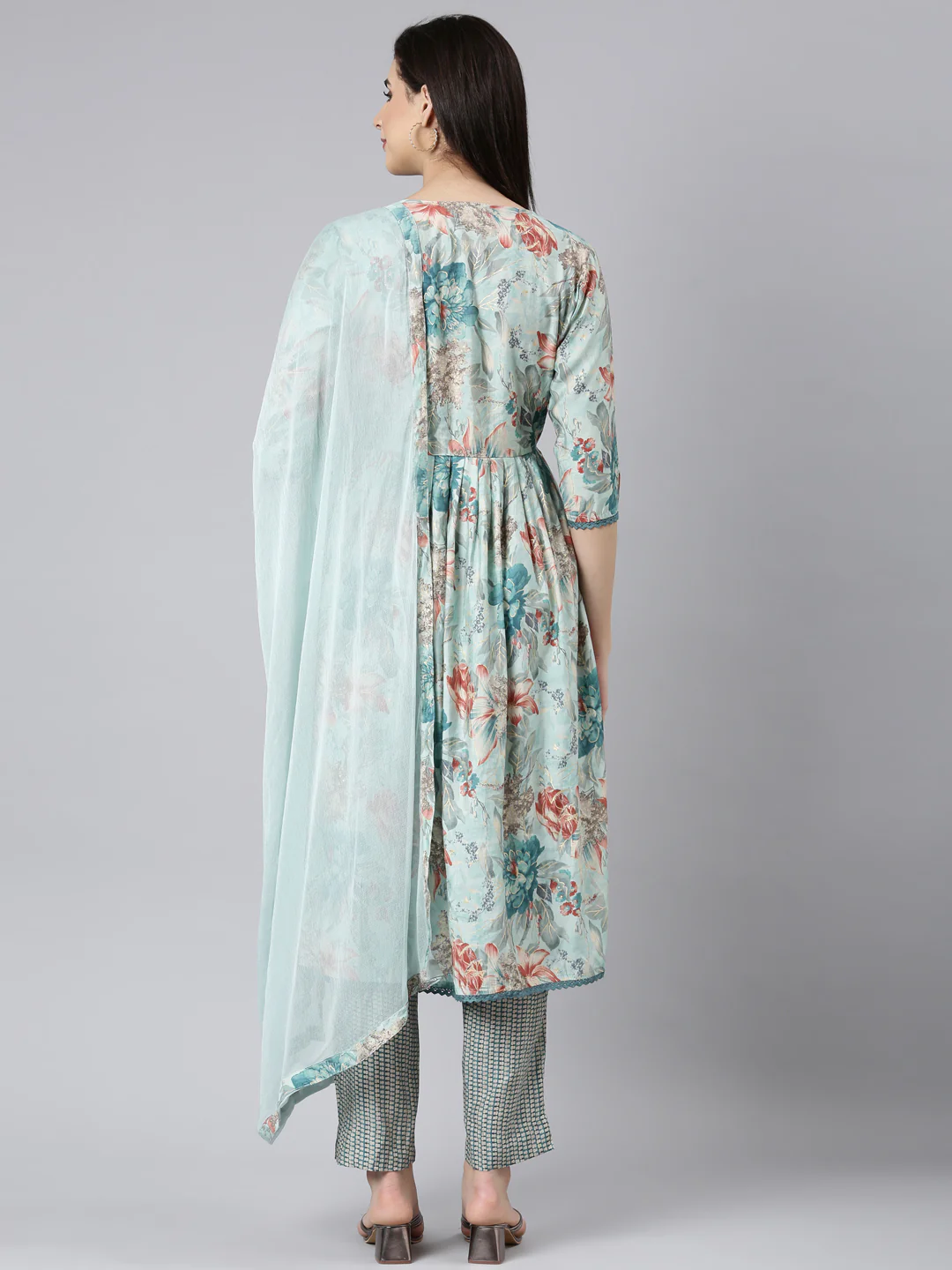 Neerus Blue Pleated Straight Floral Kurta And Trousers With Dupatta - Image 3