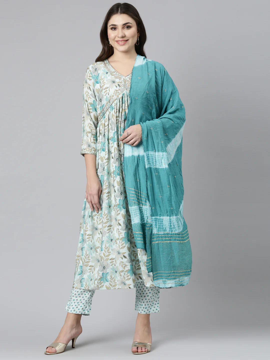 Neerus Blue Pleated Straight Printed Readymade Suits