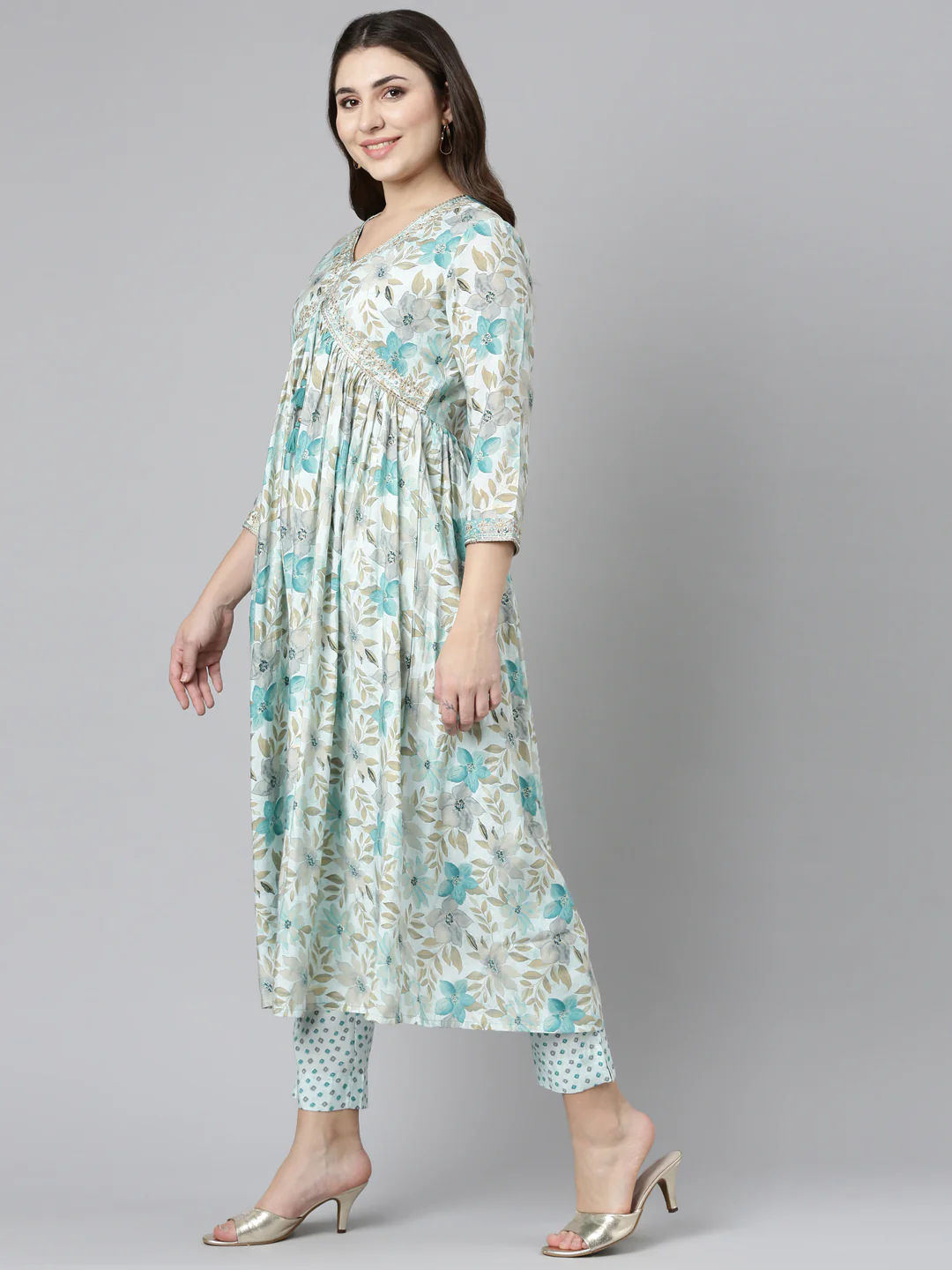 Neerus Blue Pleated Straight Printed Readymade Suits - Image 2