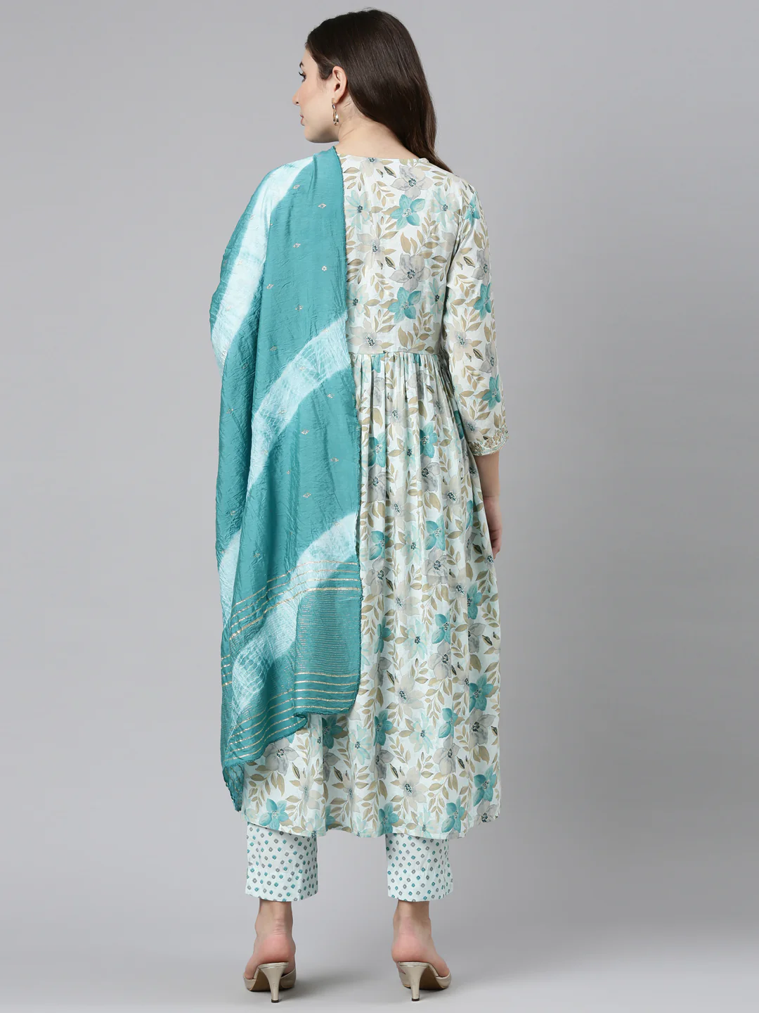 Neerus Blue Pleated Straight Printed Readymade Suits - Image 3