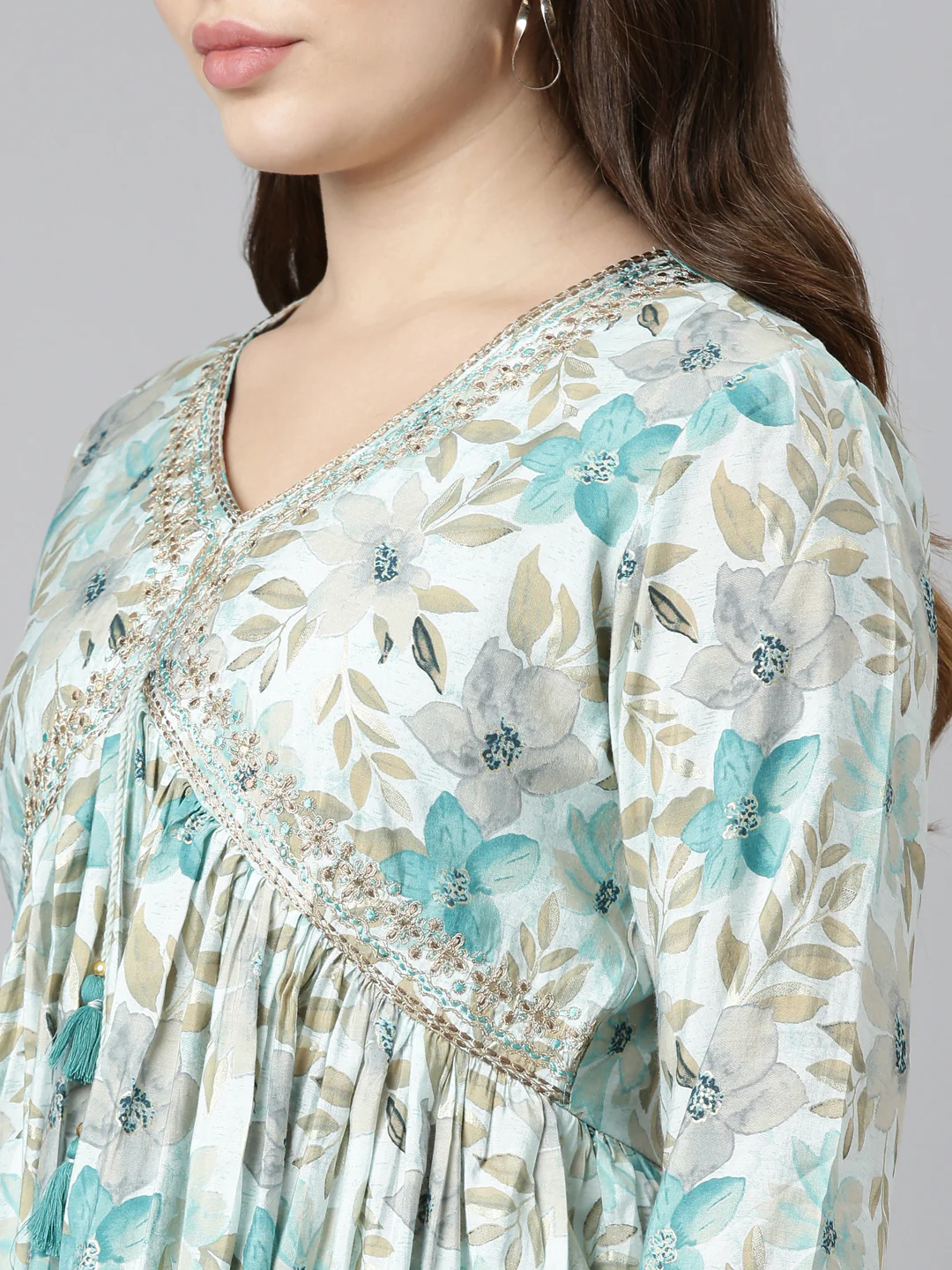 Neerus Blue Pleated Straight Printed Readymade Suits - Image 4