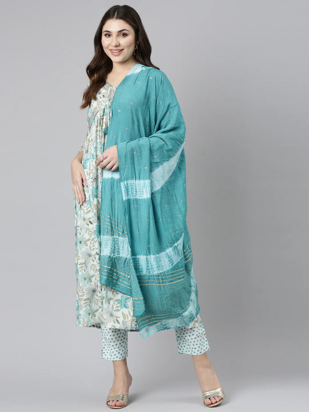 Neerus Blue Pleated Straight Printed Readymade Suits - Image 5