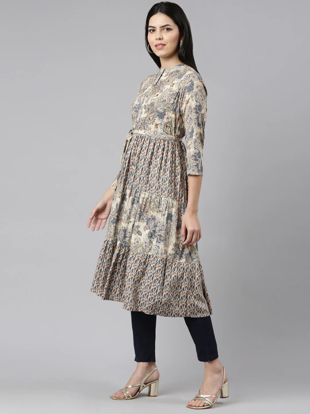 Neerus Blue Pleated Straight Printed Kurta - Image 2