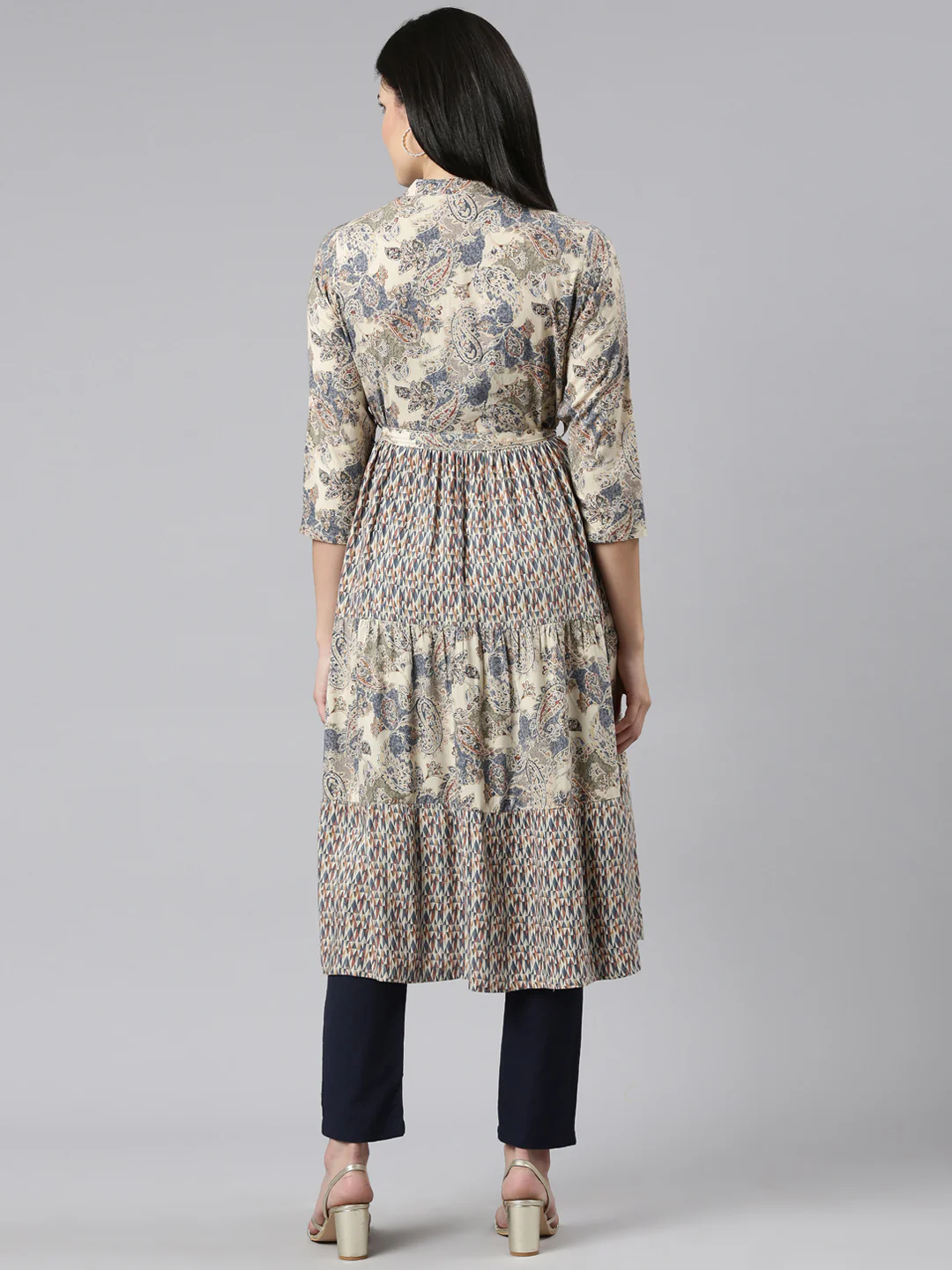 Neerus Blue Pleated Straight Printed Kurta - Image 3