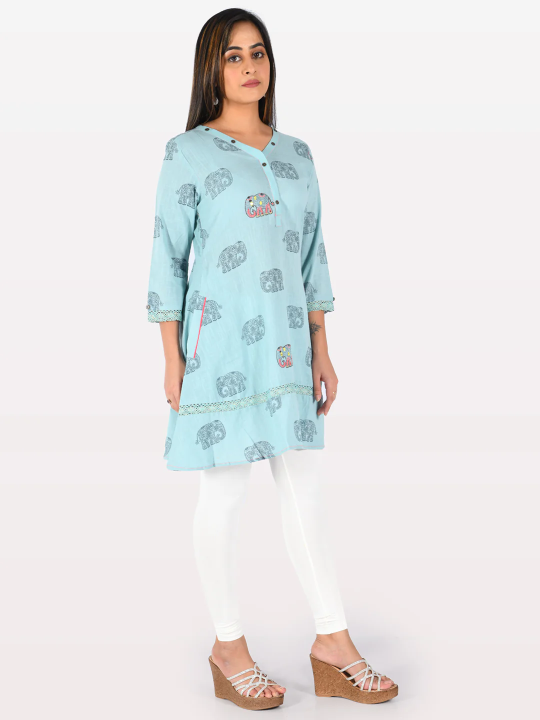 Neerus Blue Printed A Line Kurta