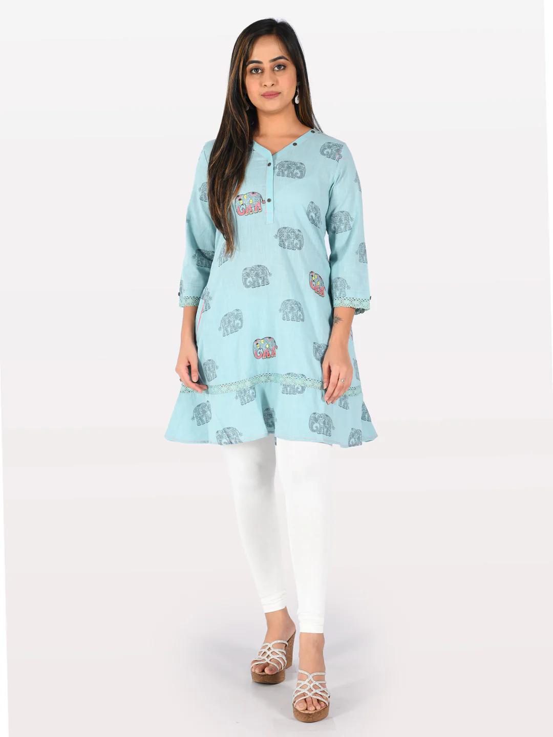 Neerus Blue Printed A Line Kurta - Image 4