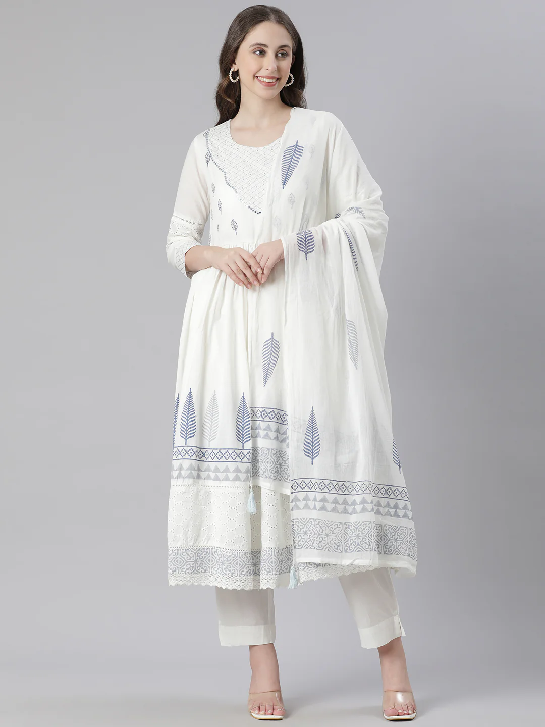 Neerus Blue Printed Anarkali Kurta and Trousers With Dupatta