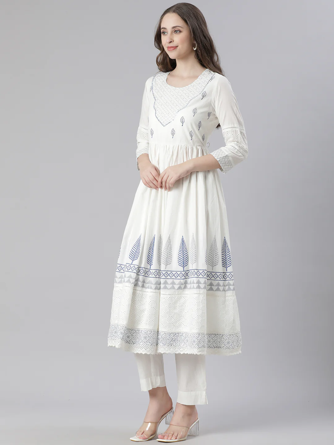 Neerus Blue Printed Anarkali Kurta and Trousers With Dupatta - Image 2