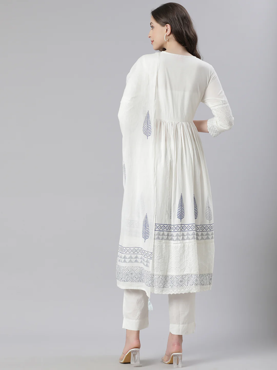 Neerus Blue Printed Anarkali Kurta and Trousers With Dupatta - Image 3