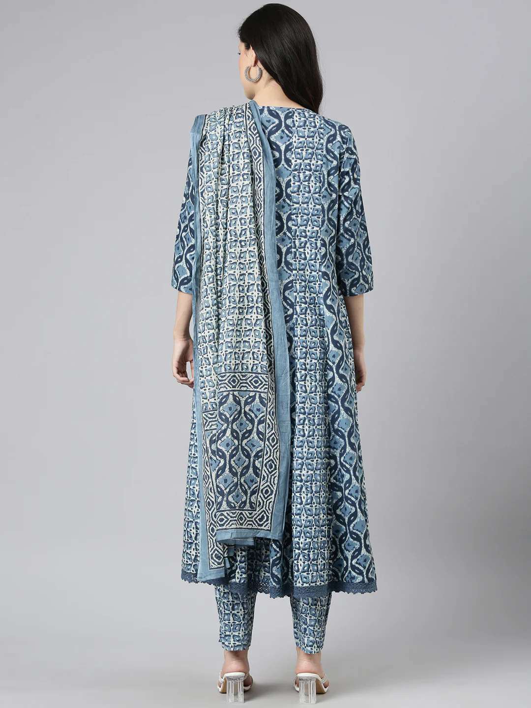 Neerus Blue Printed Anarkali Kurta and Trousers With Dupatta - Image 3