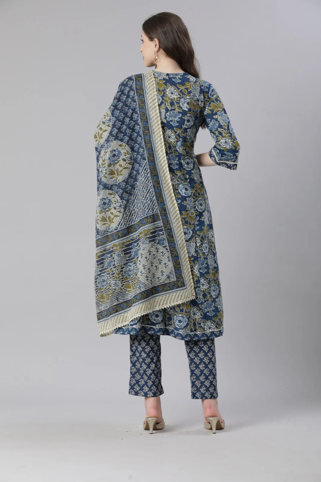 Neerus Blue Printed Anarkali Kurta and Trousers With Dupatta - Image 3