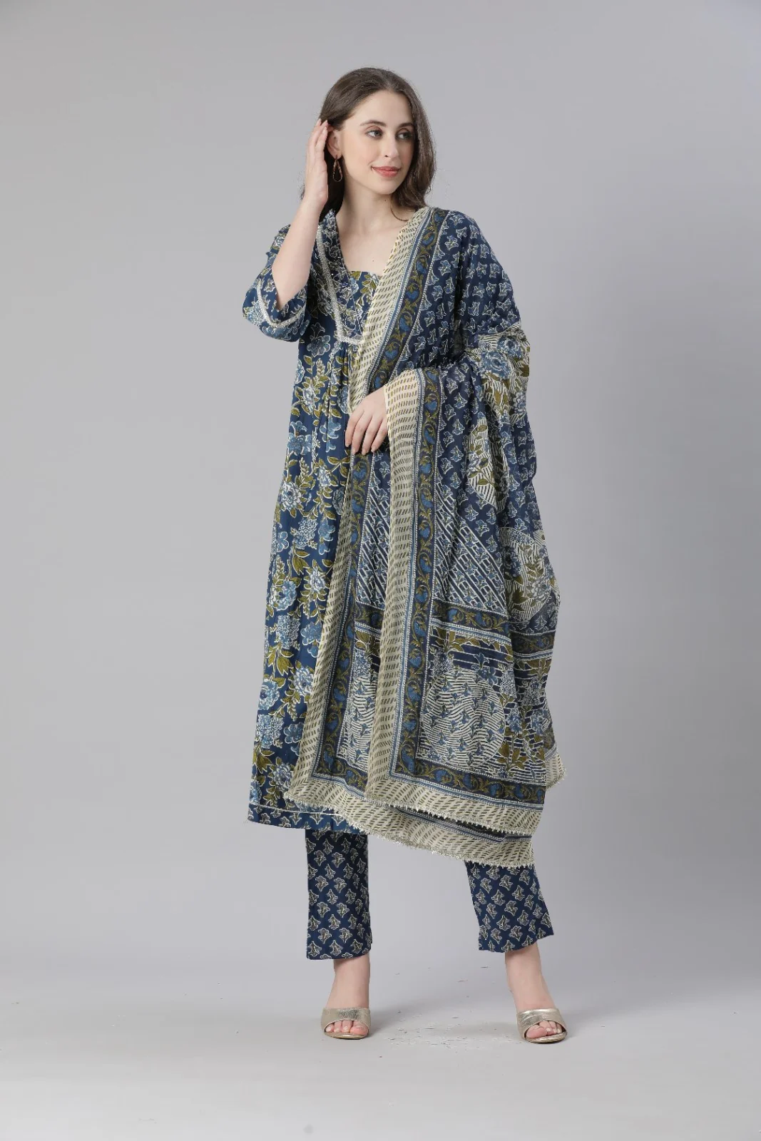 Neerus Blue Printed Anarkali Kurta and Trousers With Dupatta - Image 5