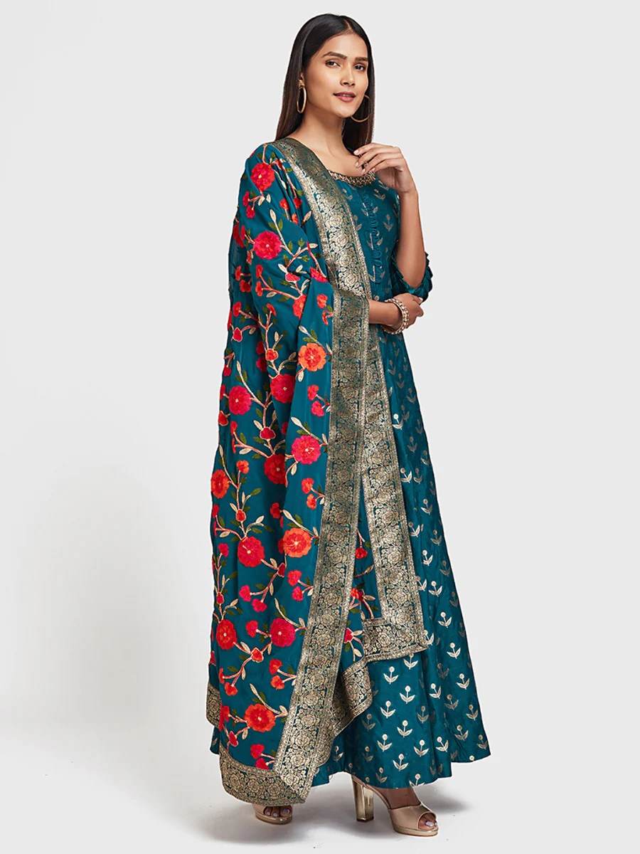 Neerus Blue Printed Anarkali Kurta With Dupatta - Image 2