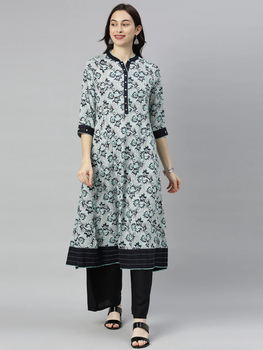 Neerus Blue Printed Flared Kurta