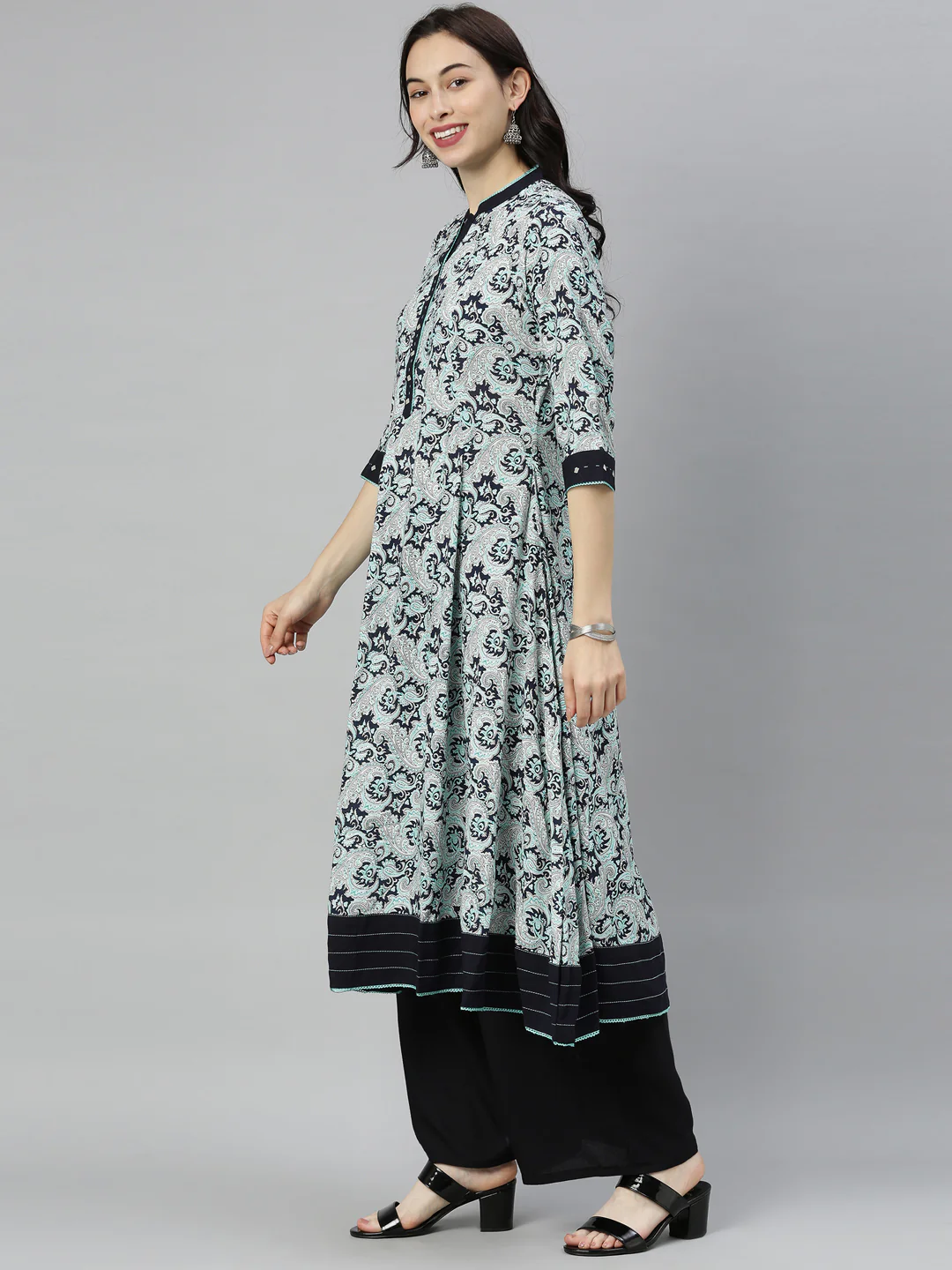Neerus Blue Printed Flared Kurta - Image 5