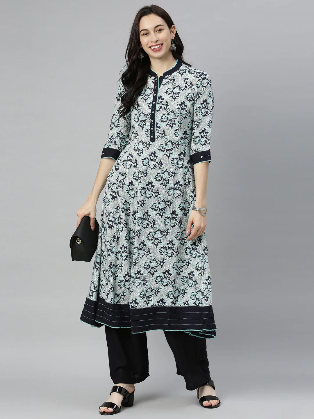 Neerus Blue Printed Flared Kurta - Image 8