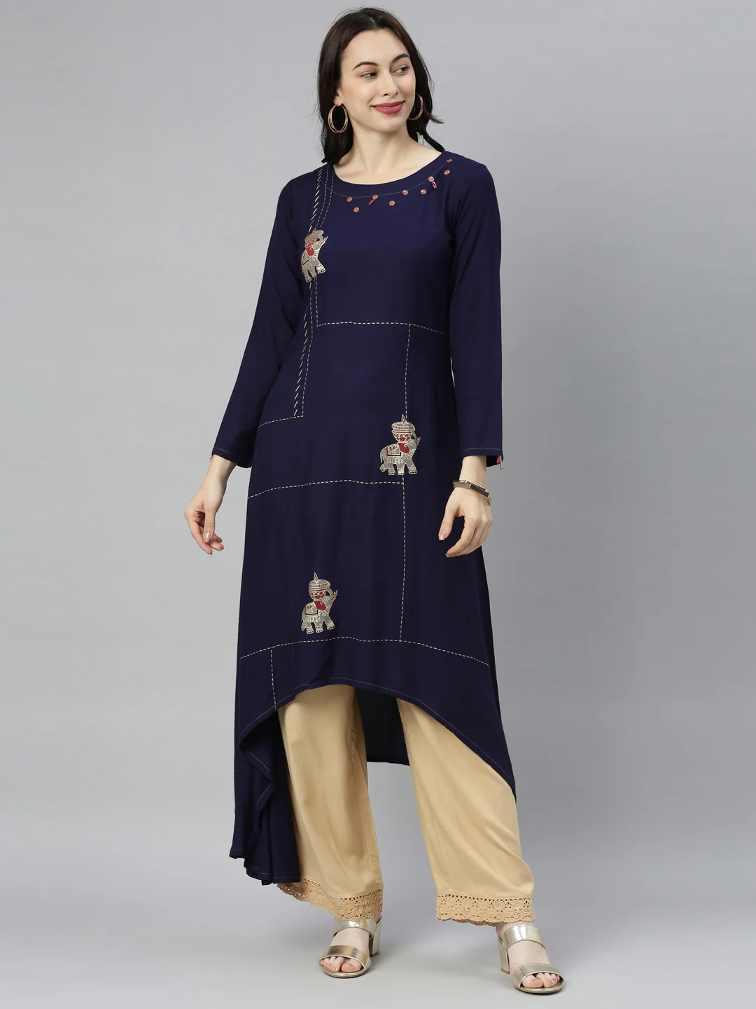 Neerus Navy Blue Straight Casual Printed Kurta