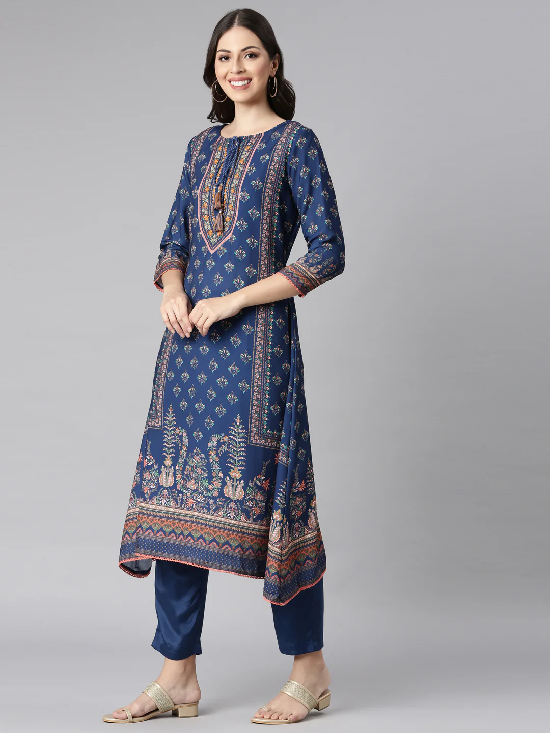 Neerus Blue Printed Kurta and Trousers With Dupatta - Image 2