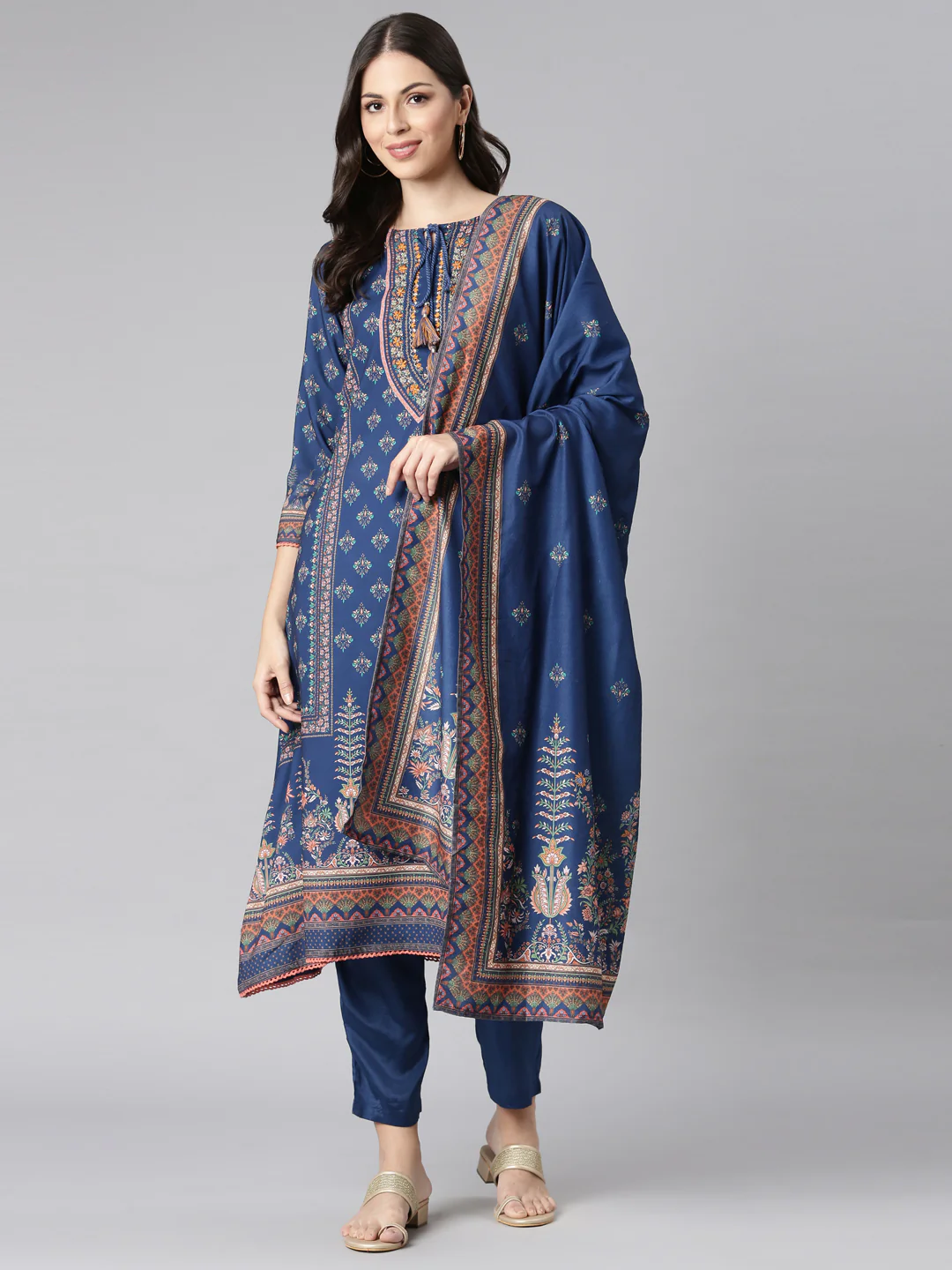 Neerus Blue Printed Kurta and Trousers With Dupatta - Image 5