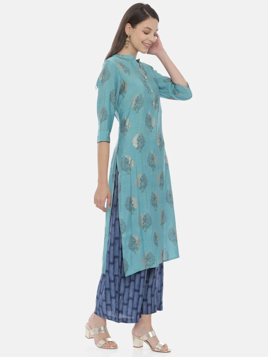Neerus Blue Printed Kurta & Palazzo Set - Image 4