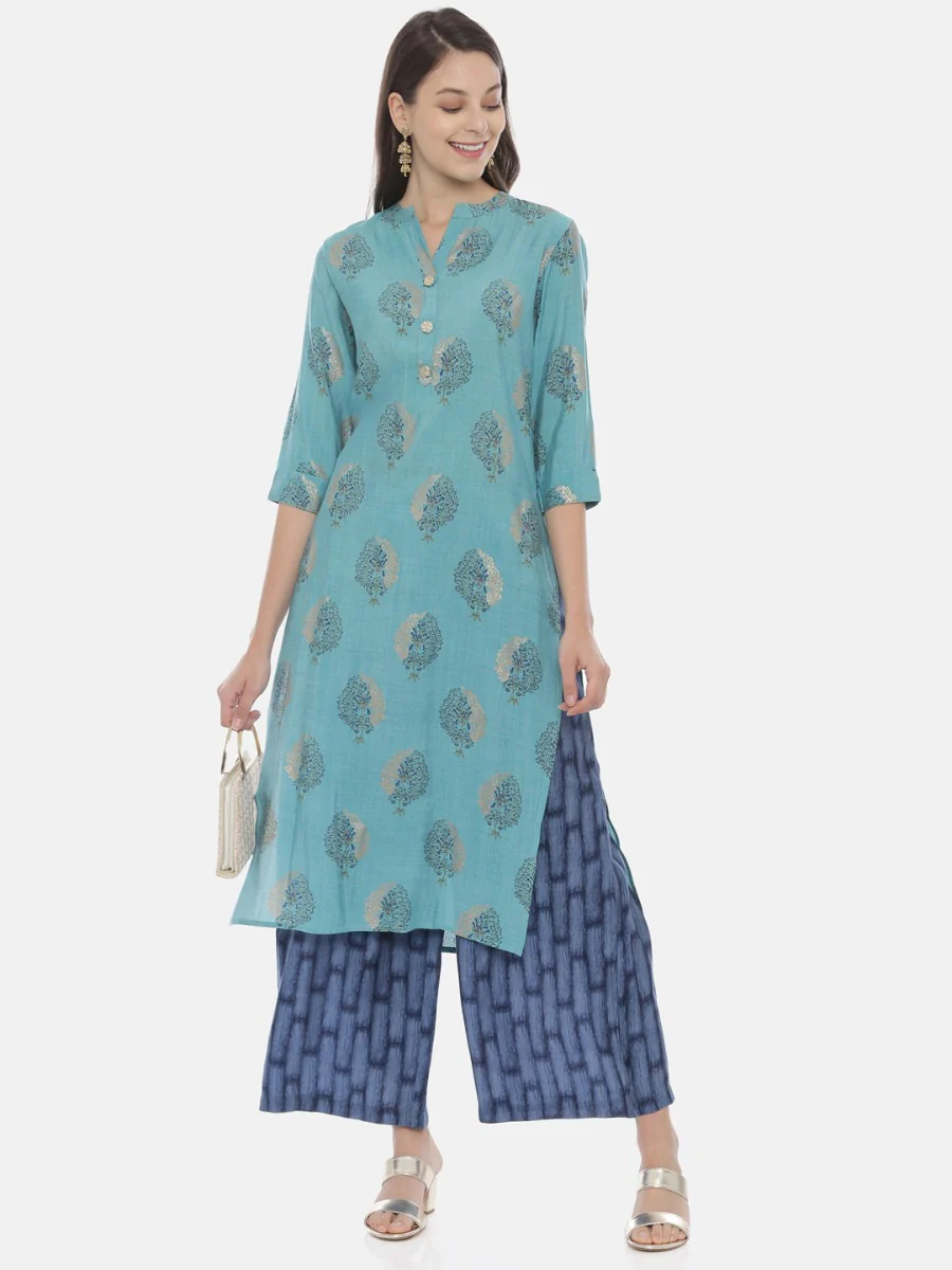Neerus Blue Printed Kurta & Palazzo Set - Image 6