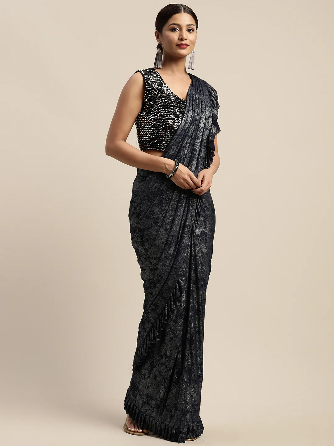 Neerus Blue Printed Ready To Wear Saree With Blouse - Image 8