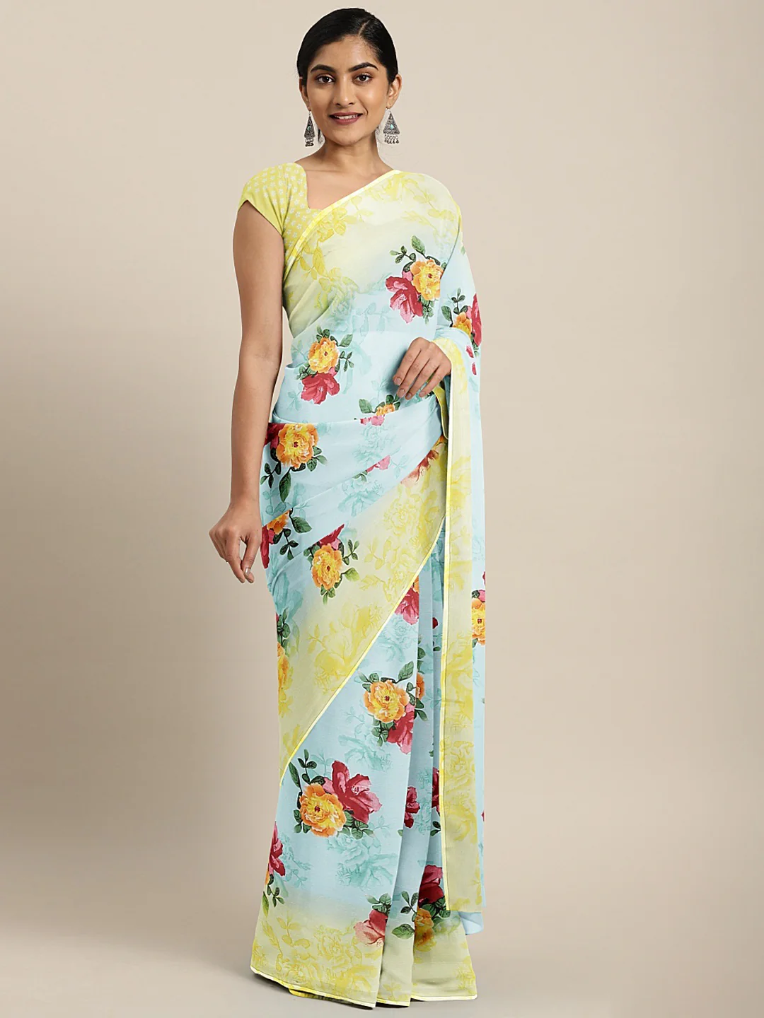 Neerus Blue Printed Saree With Blouse