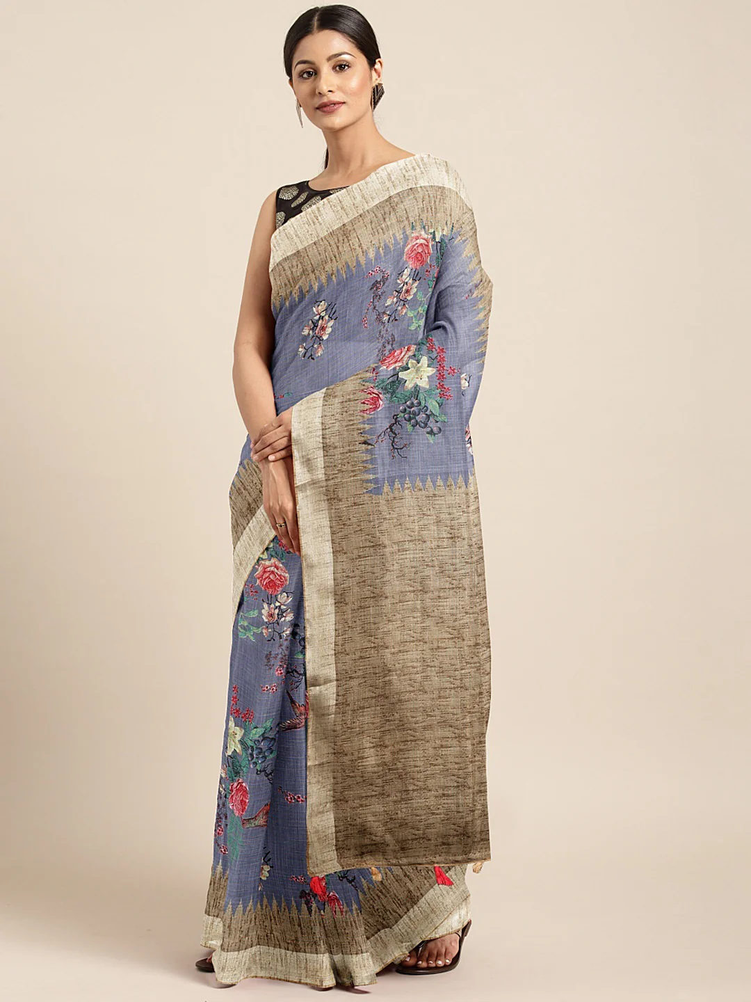 Neerus Blue Printed Saree With Blouse