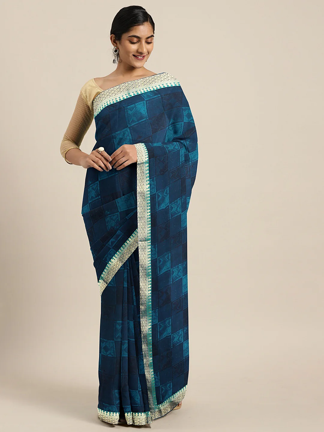 Neerus Blue Printed Saree With Blouse