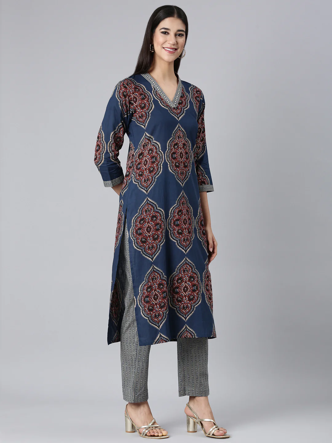 Neerus Blue Printed Straight Kurta and Trousers - Image 2