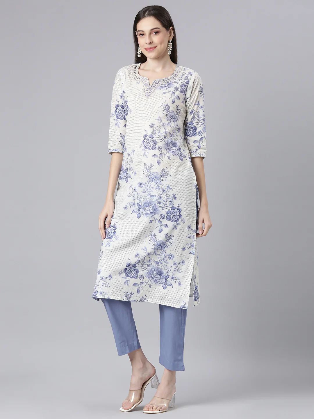 Neerus Blue Printed Straight Kurta and Trousers - Image 2