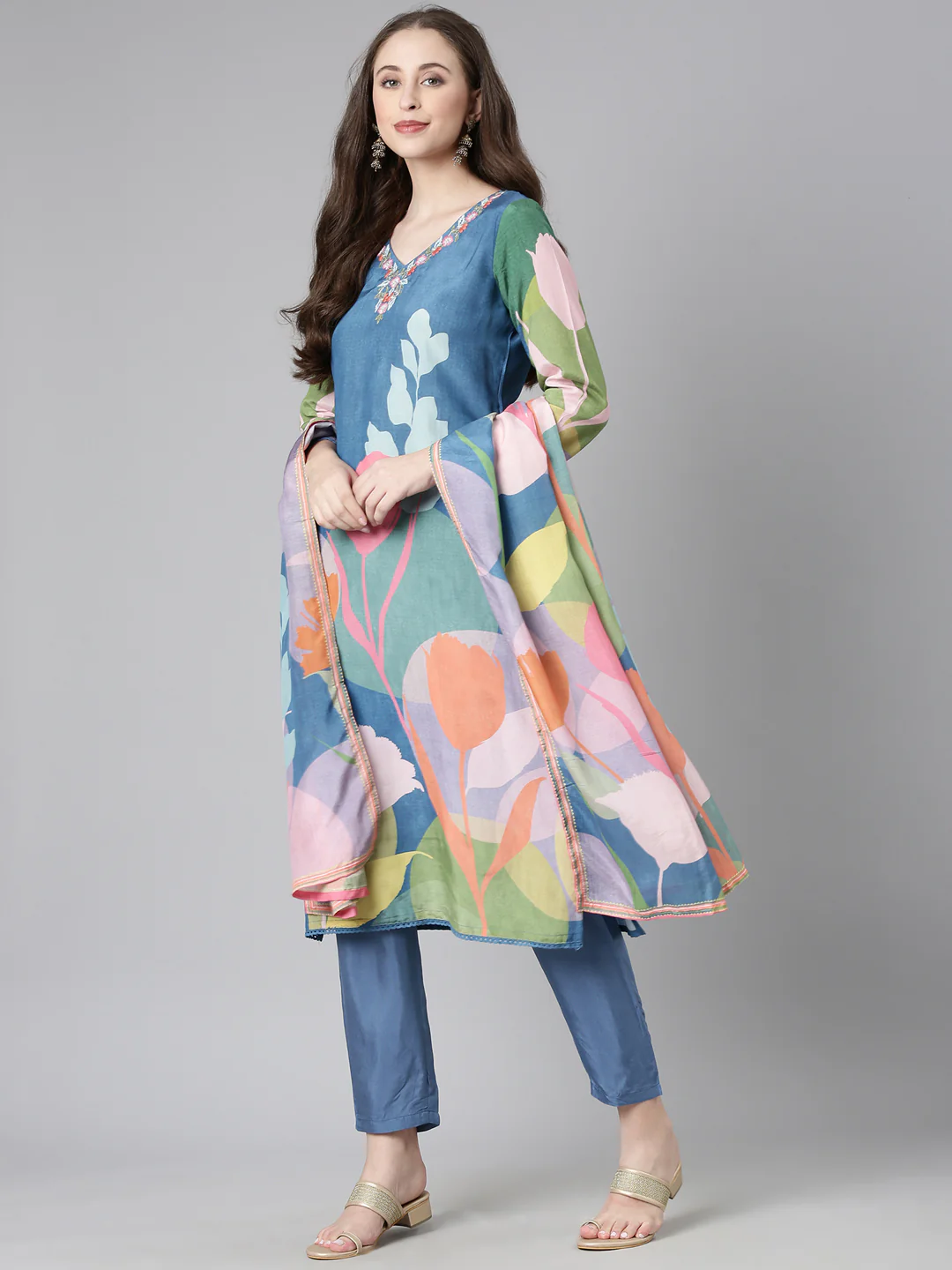 Neerus Blue Printed Straight Kurta and Trousers With Dupatta - Image 2