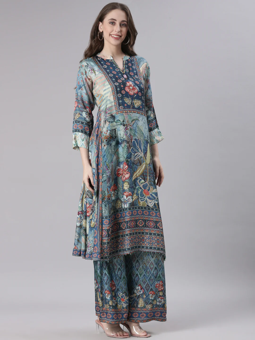 Neerus Blue Printed Straight Kurta and Trousers With Dupatta - Image 2