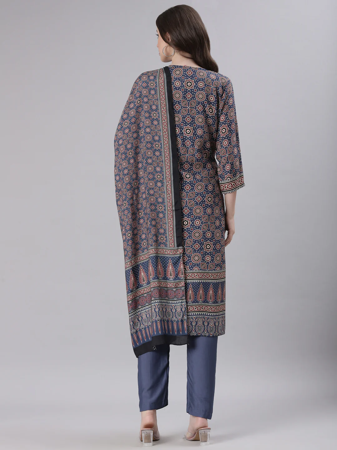 Neerus Blue Printed Straight Kurta and Trousers With Dupatta - Image 3
