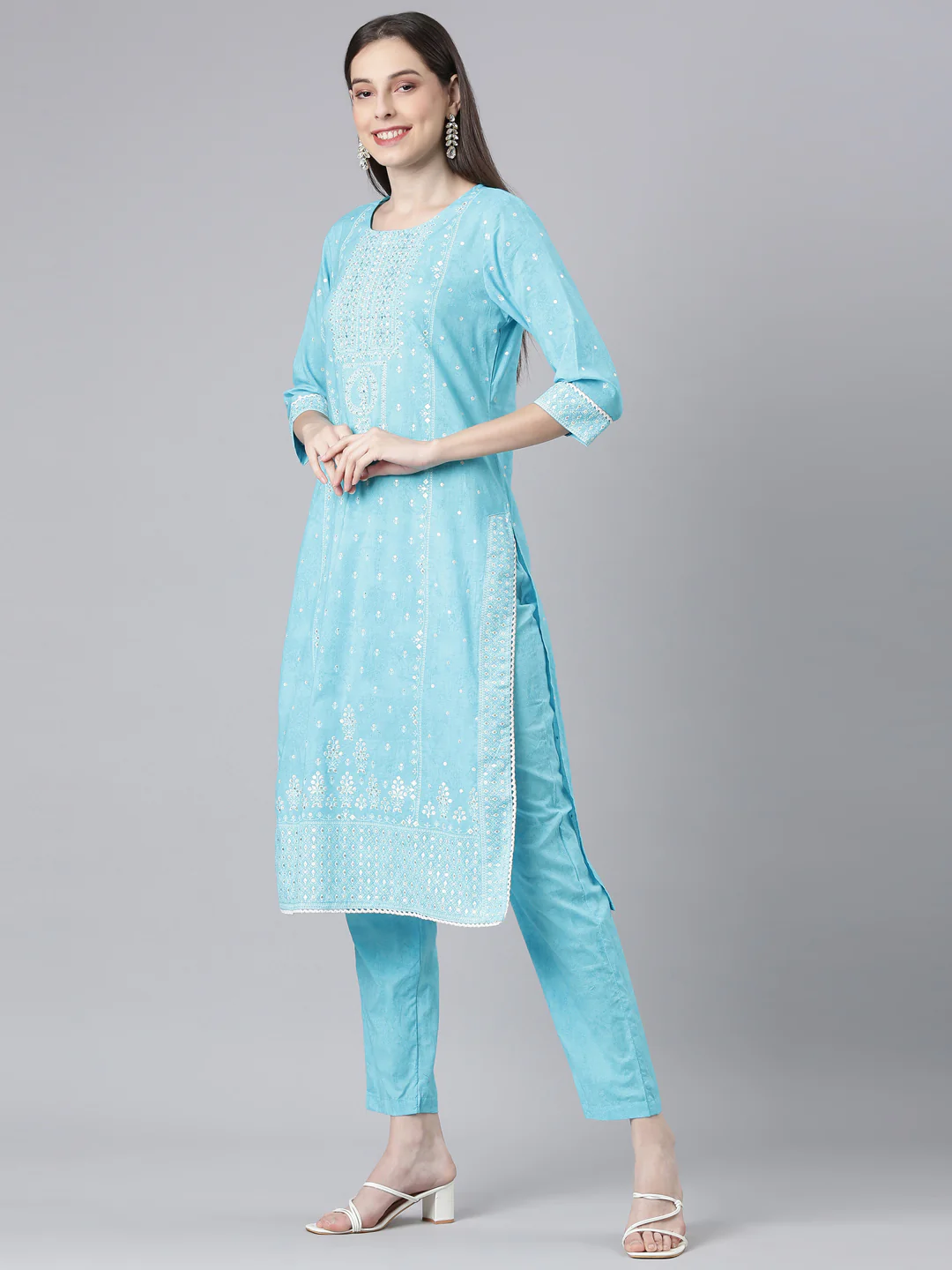 Neerus Blue Printed Straight Kurta and Trousers With Dupatta - Image 2