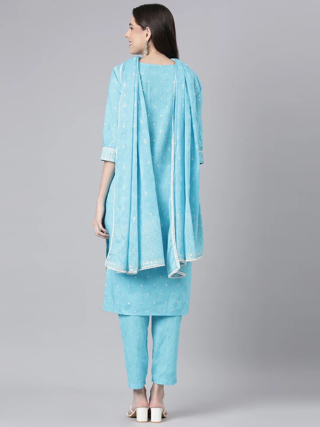 Neerus Blue Printed Straight Kurta and Trousers With Dupatta - Image 3