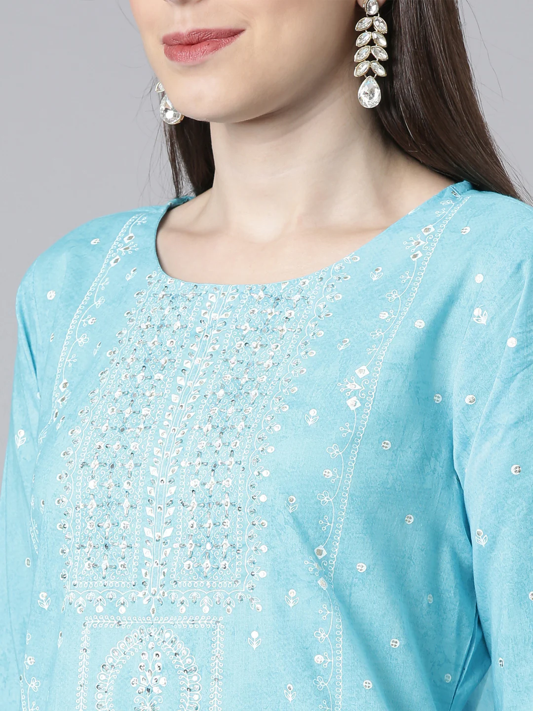 Neerus Blue Printed Straight Kurta and Trousers With Dupatta - Image 4