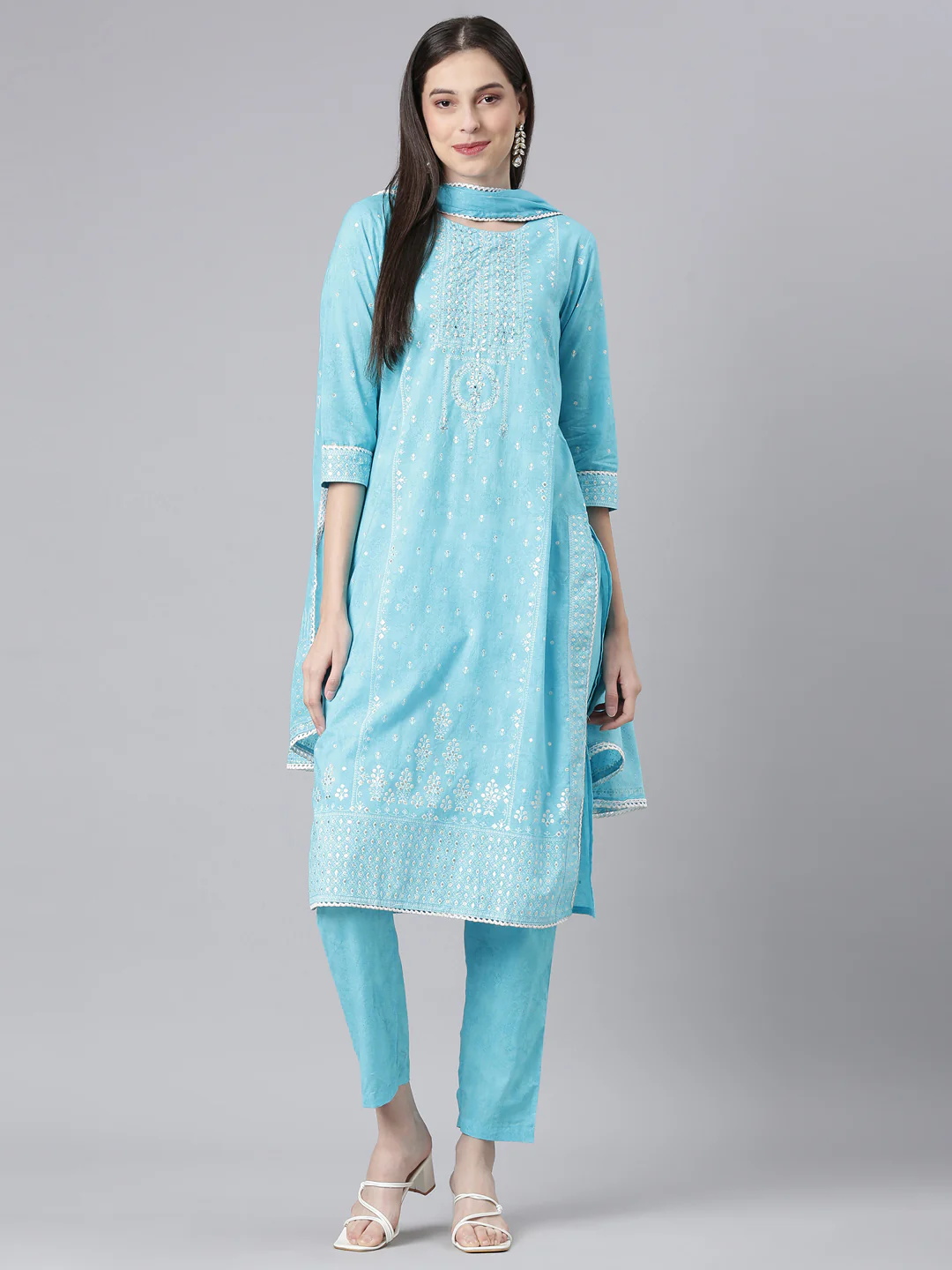 Neerus Blue Printed Straight Kurta and Trousers With Dupatta - Image 5