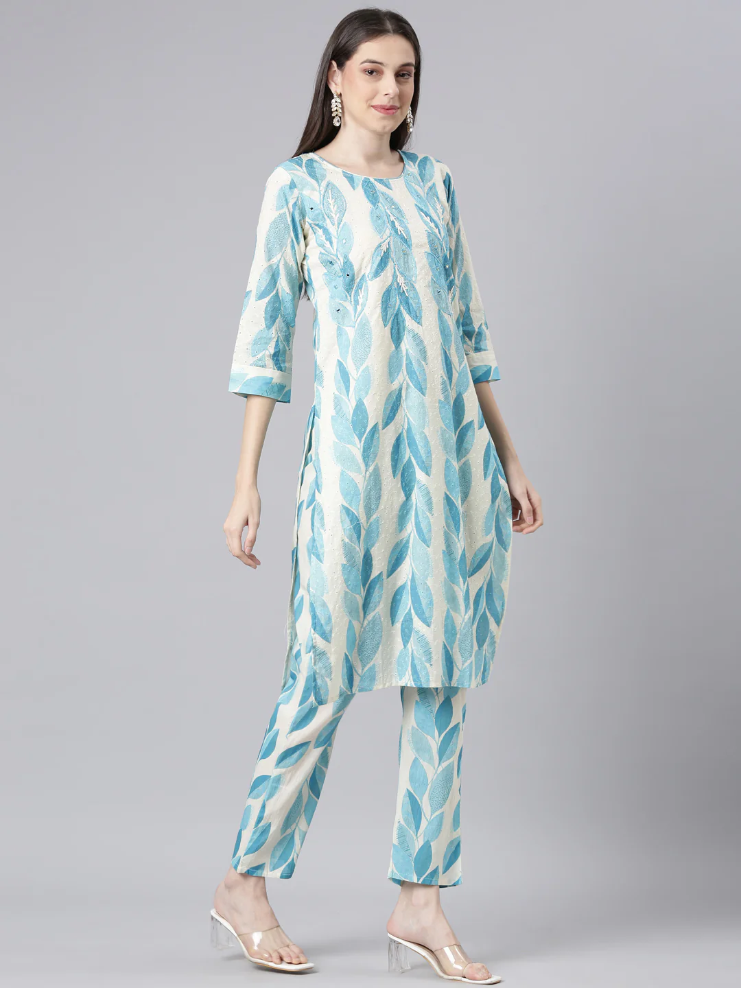 Neerus Blue Printed Straight Kurta and Trousers With Dupatta - Image 2
