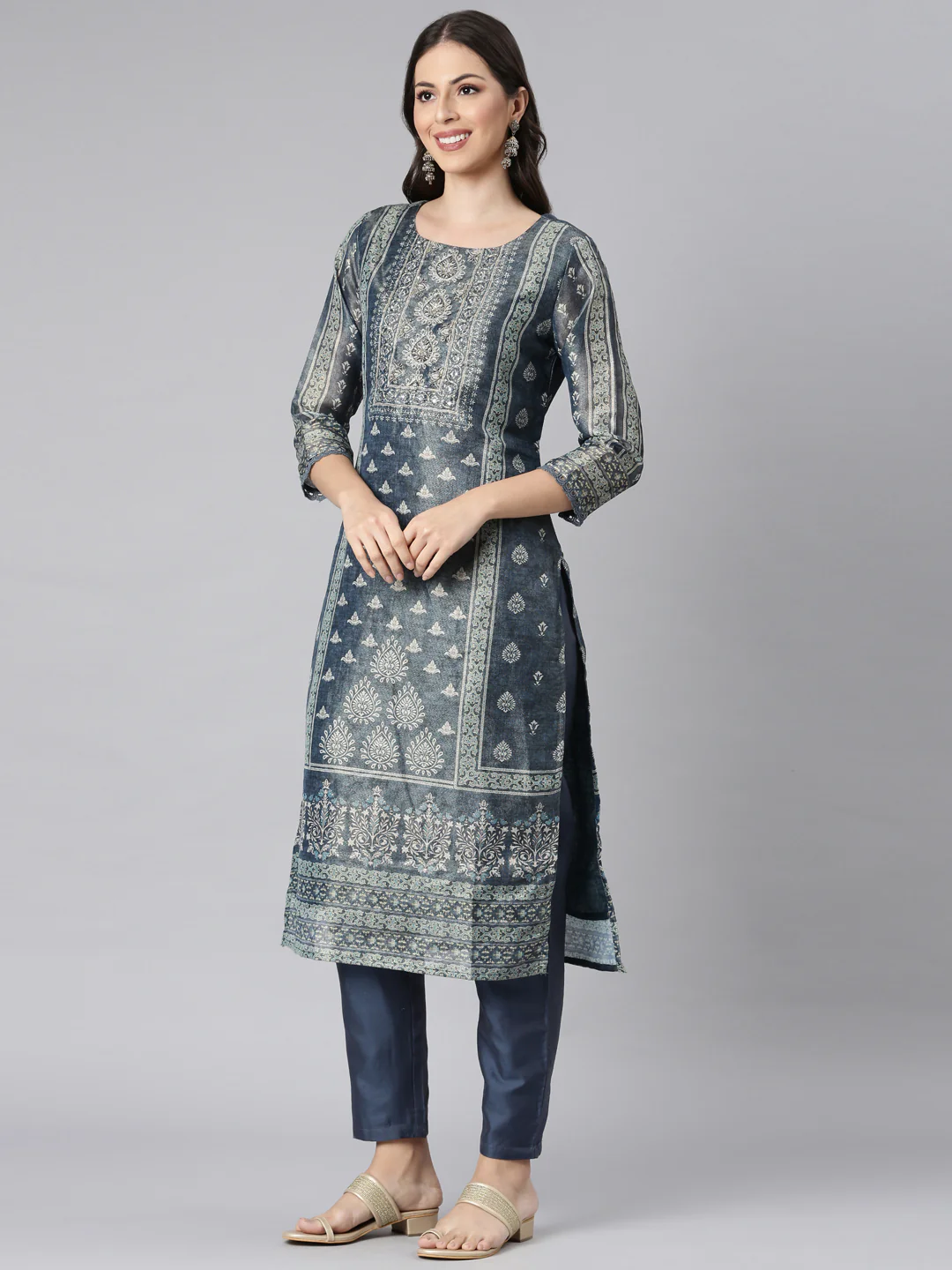 Neerus Blue Printed Straight Kurta and Trousers With Dupatta - Image 2