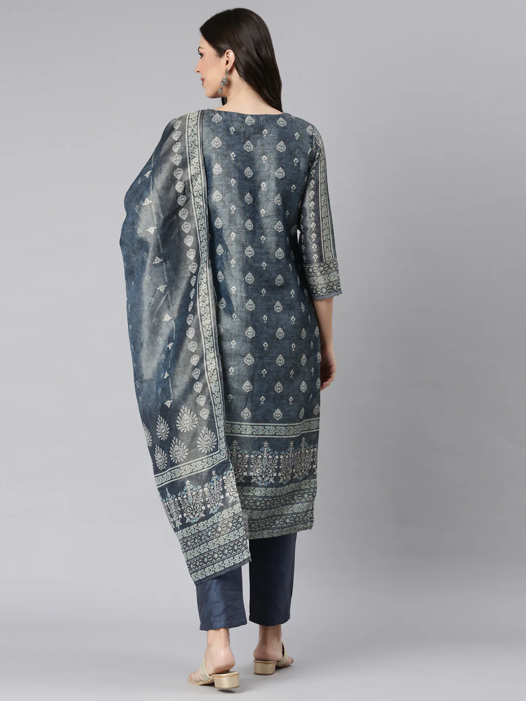 Neerus Blue Printed Straight Kurta and Trousers With Dupatta - Image 3