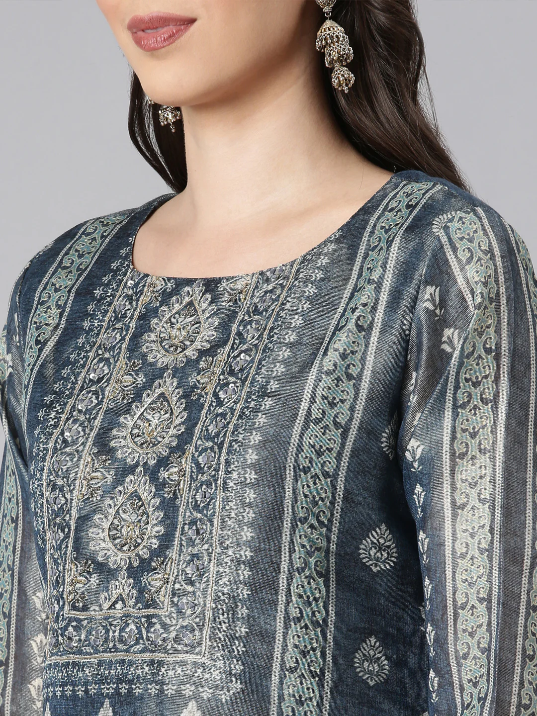 Neerus Blue Printed Straight Kurta and Trousers With Dupatta - Image 4