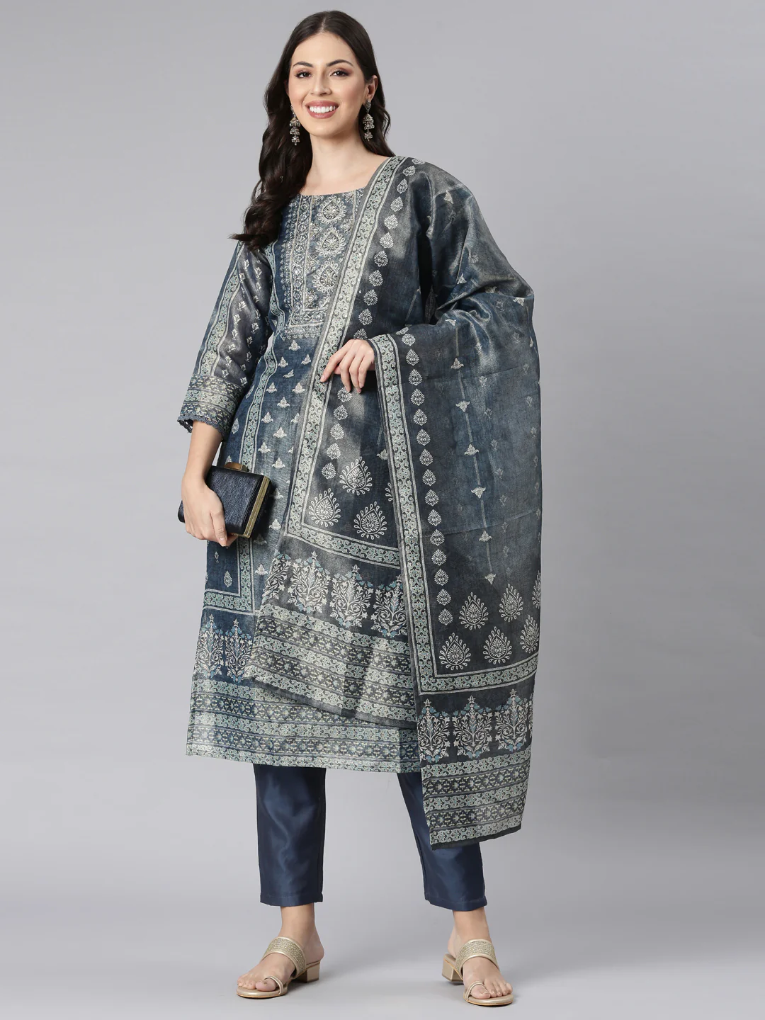Neerus Blue Printed Straight Kurta and Trousers With Dupatta - Image 5