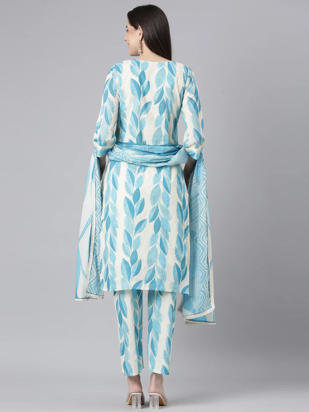 Neerus Blue Printed Straight Kurta and Trousers With Dupatta - Image 3