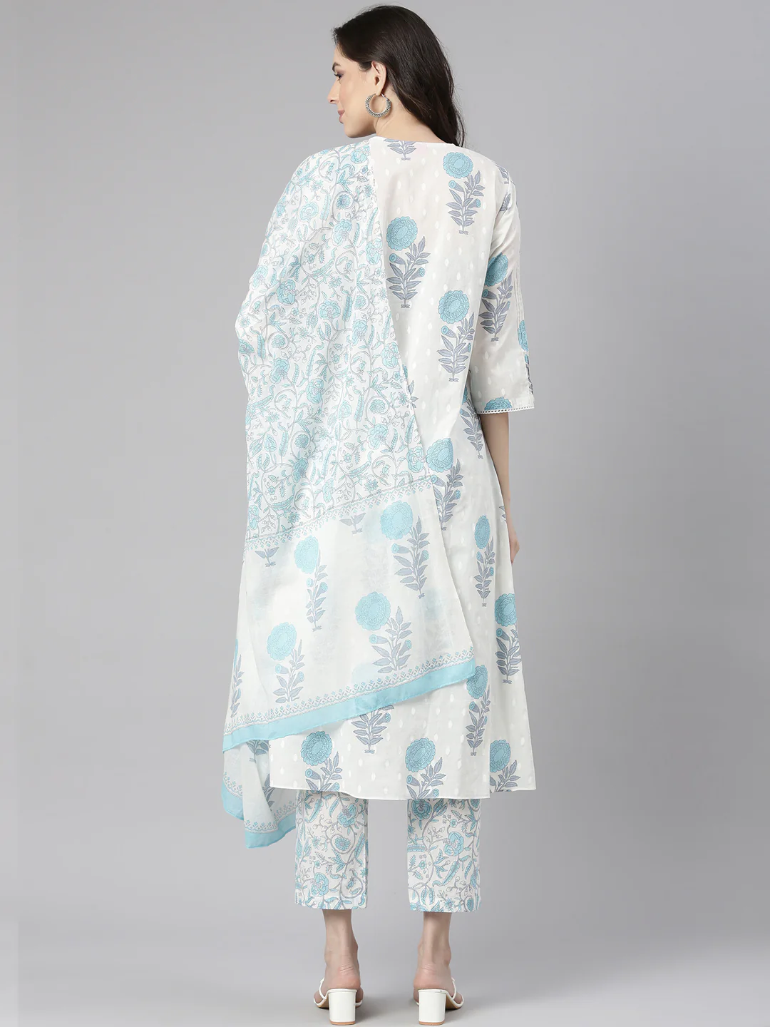 Neerus Blue Printed Straight Kurta and Trousers With Dupatta - Image 4