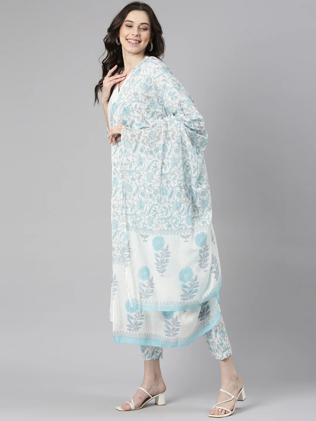 Neerus Blue Printed Straight Kurta and Trousers With Dupatta - Image 5
