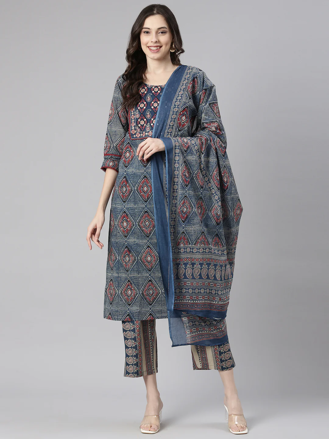 Neerus Blue Printed Straight Kurta and Trousers With Dupatta - Image 5