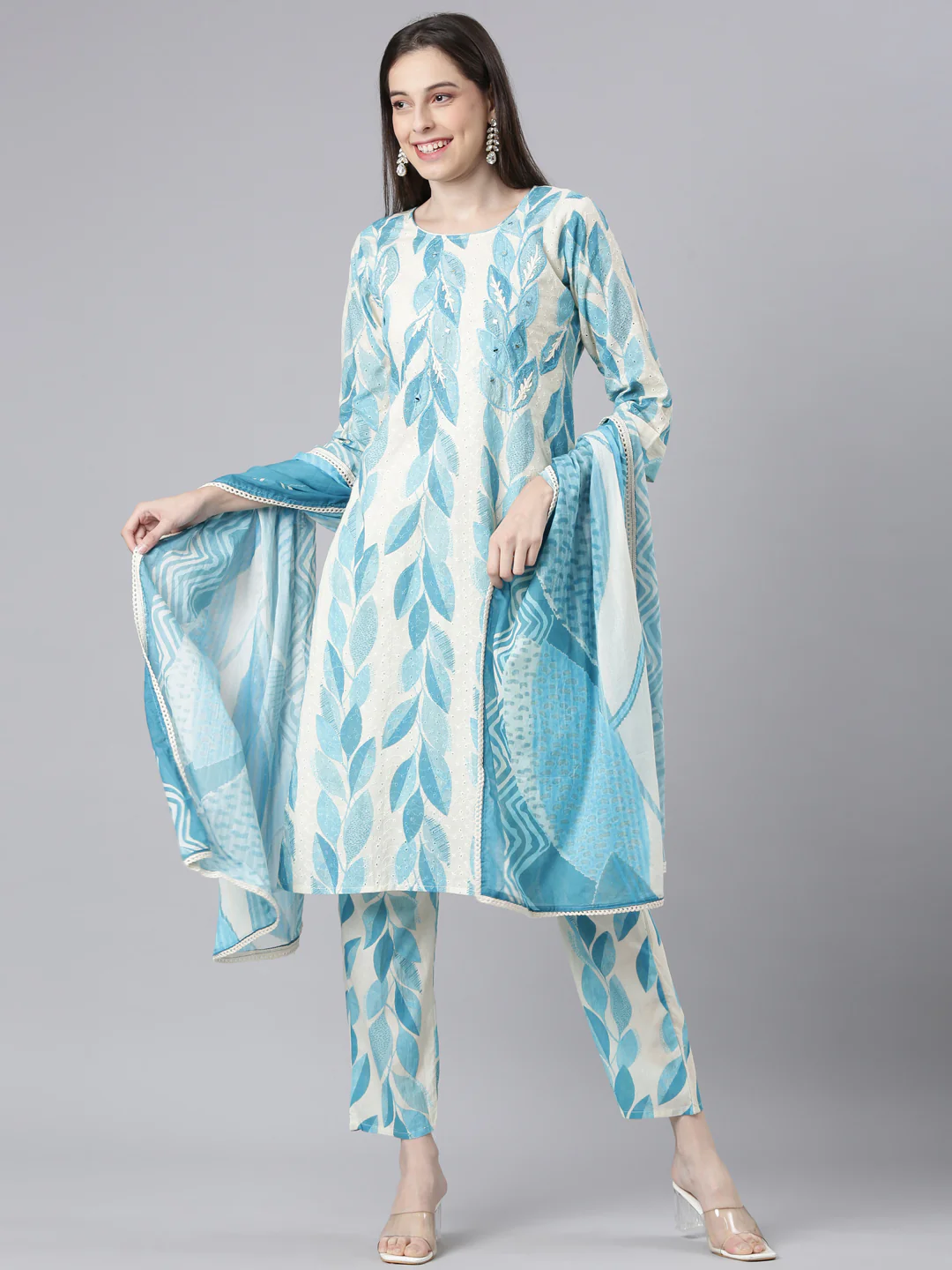 Neerus Blue Printed Straight Kurta and Trousers With Dupatta - Image 5